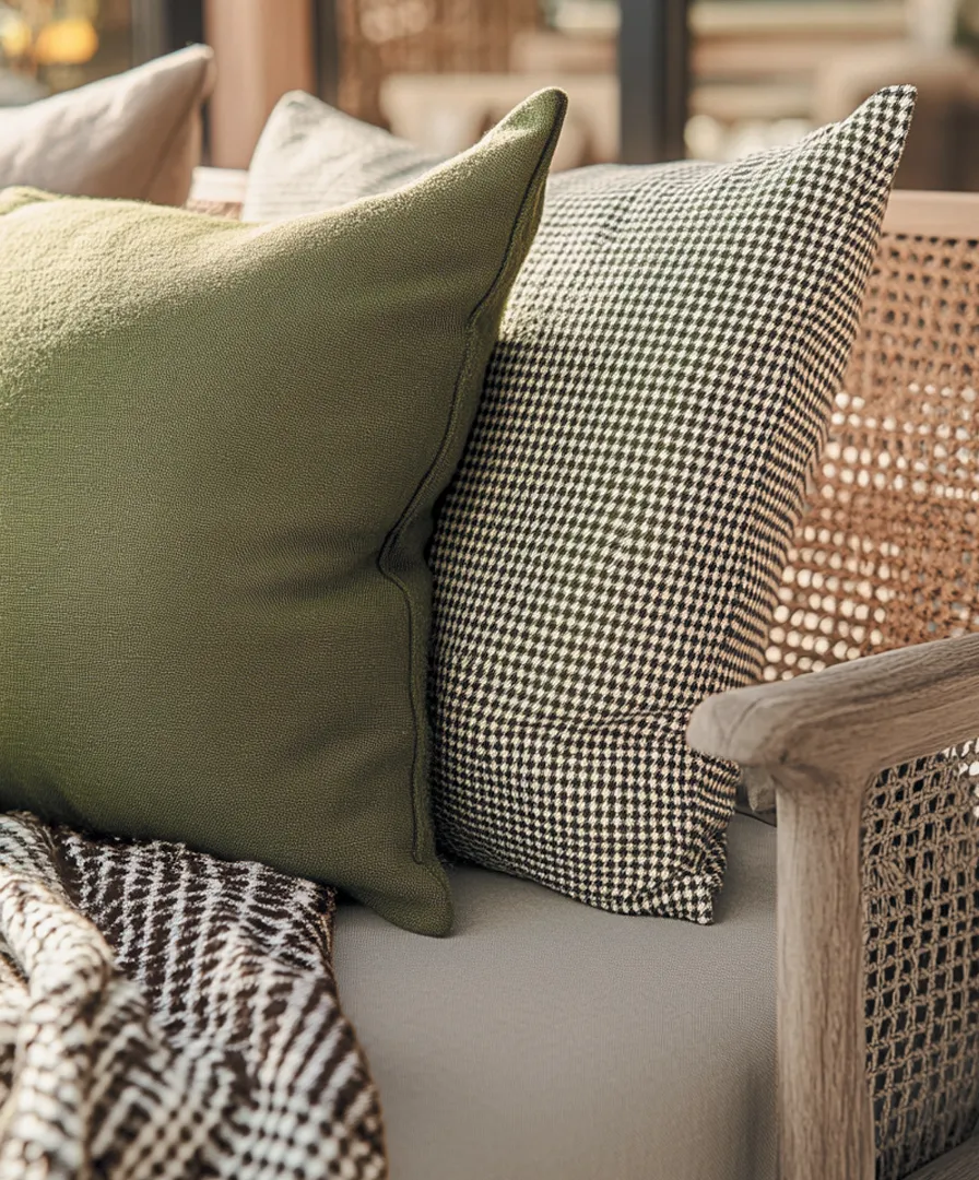 Dettaglio texture tessuti outdoor di alta gamma su terrazzo privato.